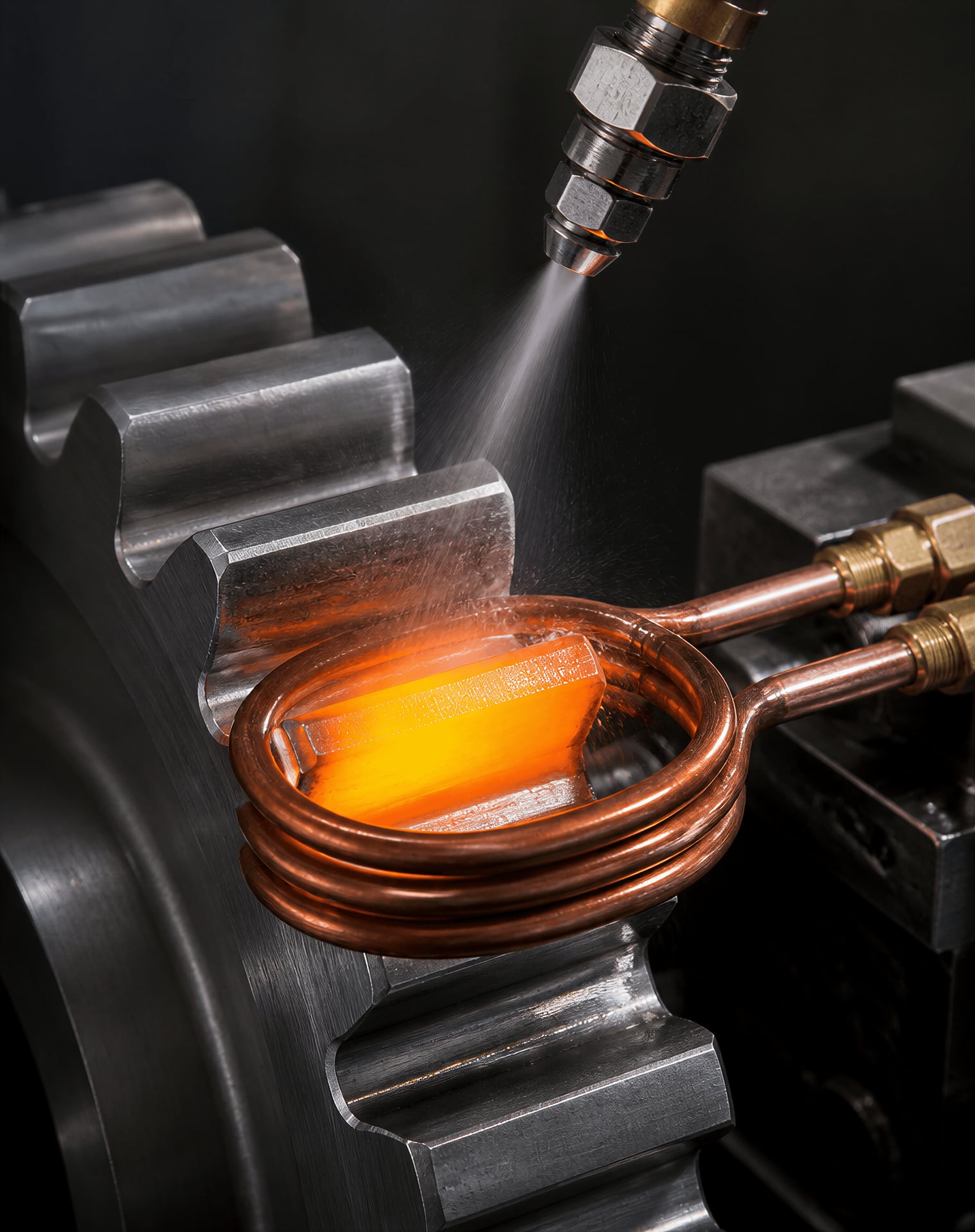 Induction coil heating a steel gear tooth during localized quenching