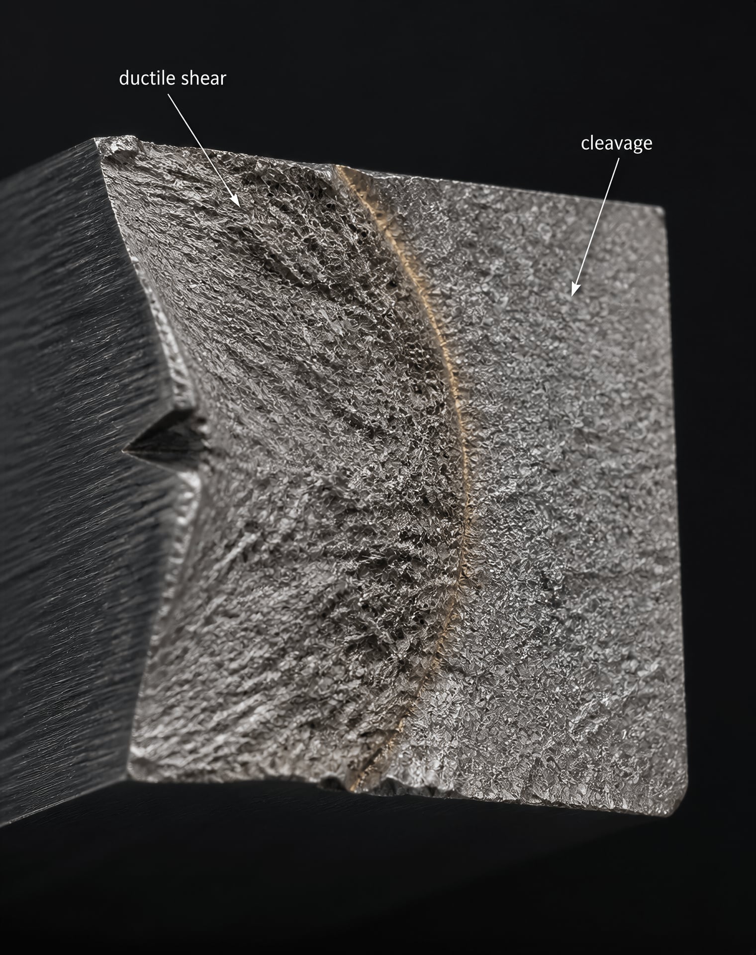 Broken Charpy specimen with ductile-shear and cleavage regions