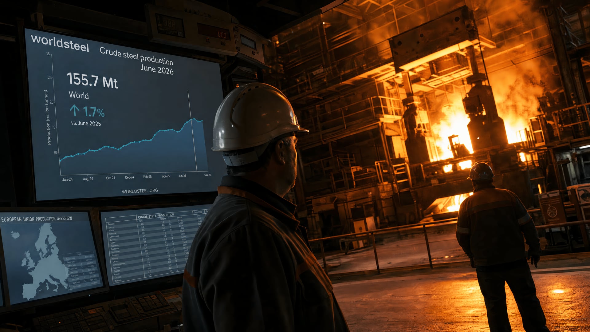 European steelworks control room reviewing June 2026 crude steel production data beside an active furnace