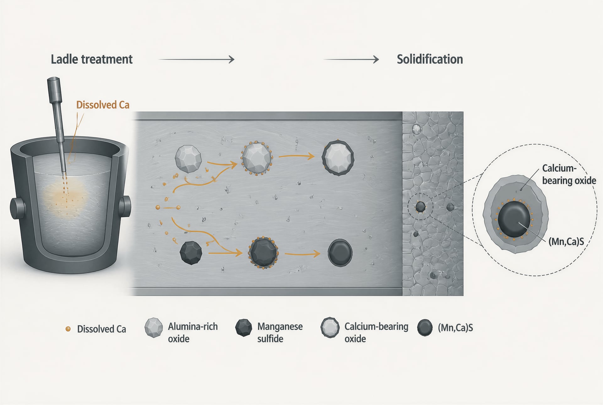 Schematic of calcium partitioning between oxide and sulfide inclusions in liquid steel.