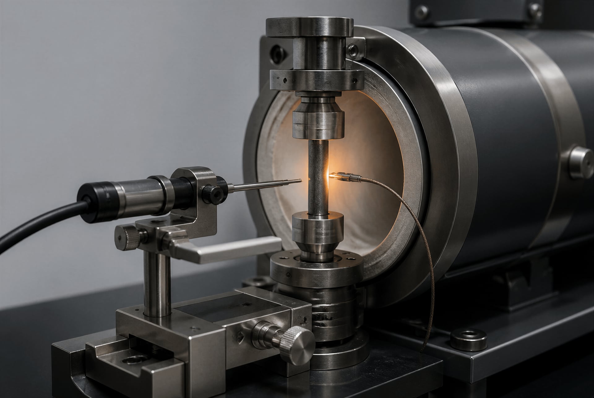 Steel specimen mounted in a dilatometer for measuring thermal expansion.