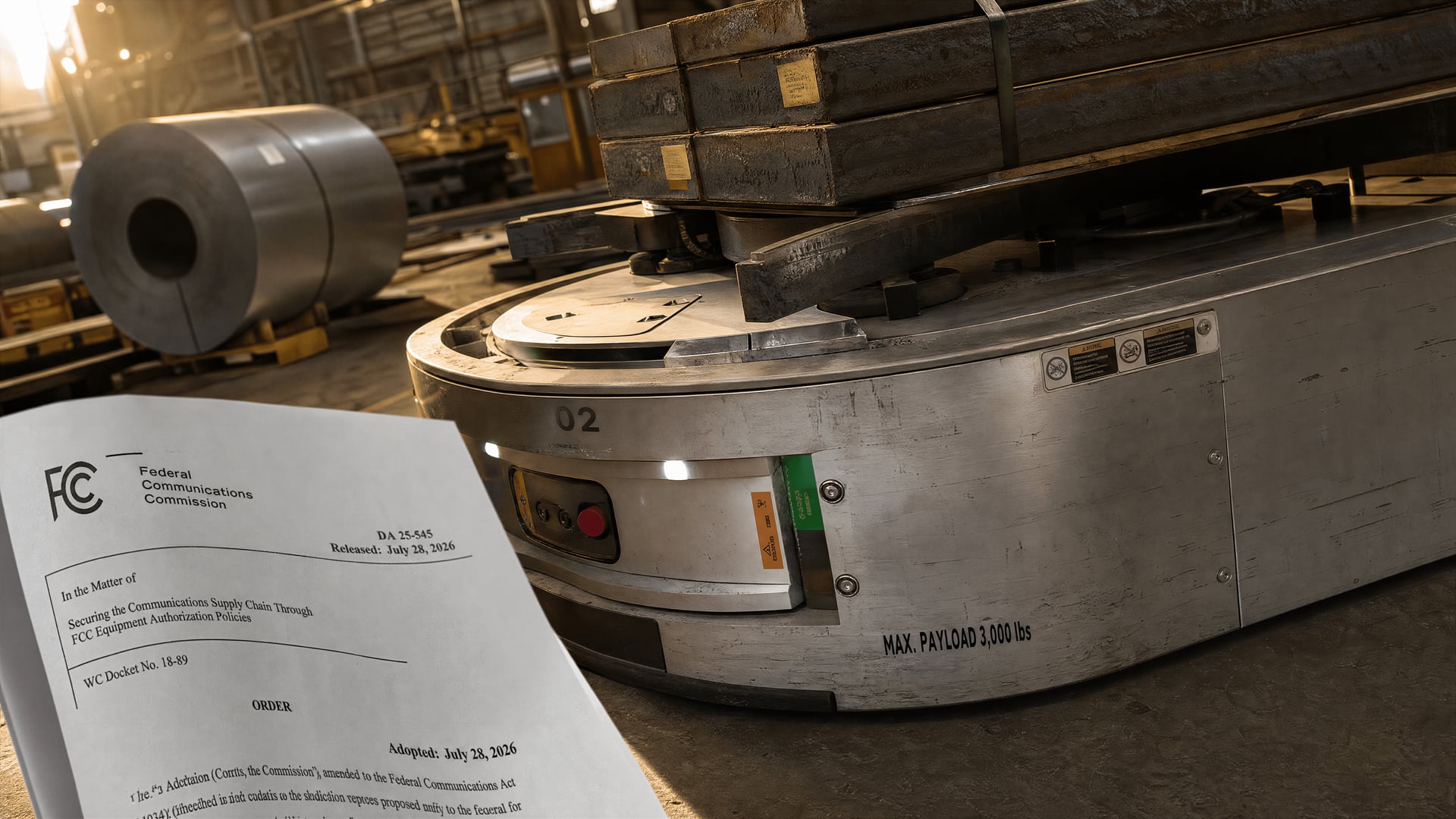 FCC documents beside a mobile robot in a U.S. steel service center
