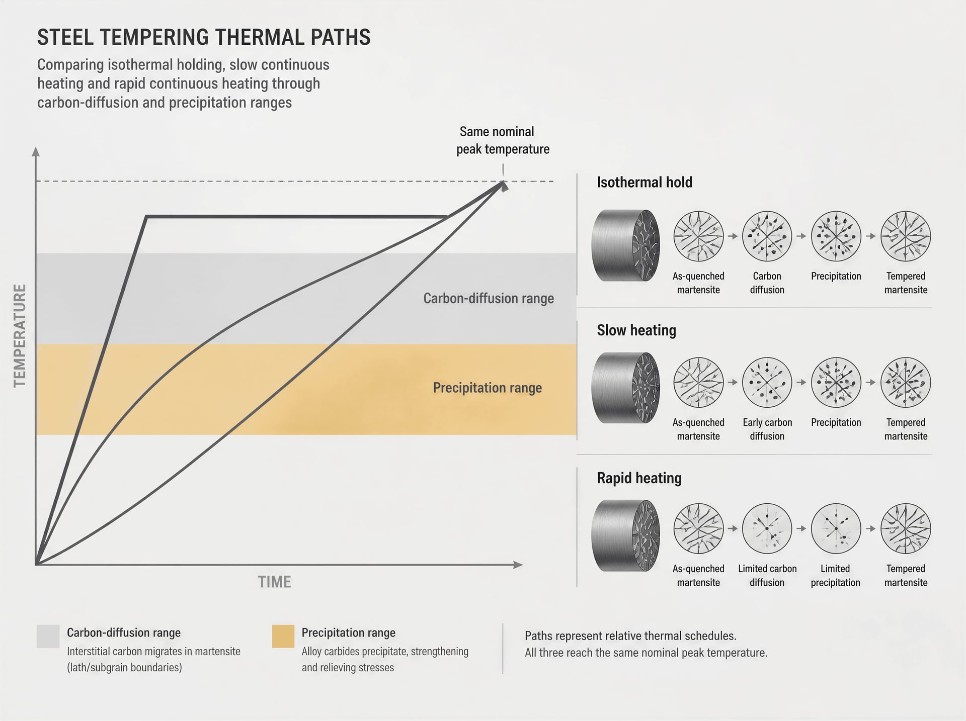 Diagram comparing isothermal, slow-heating and rapid-heating tempering paths.