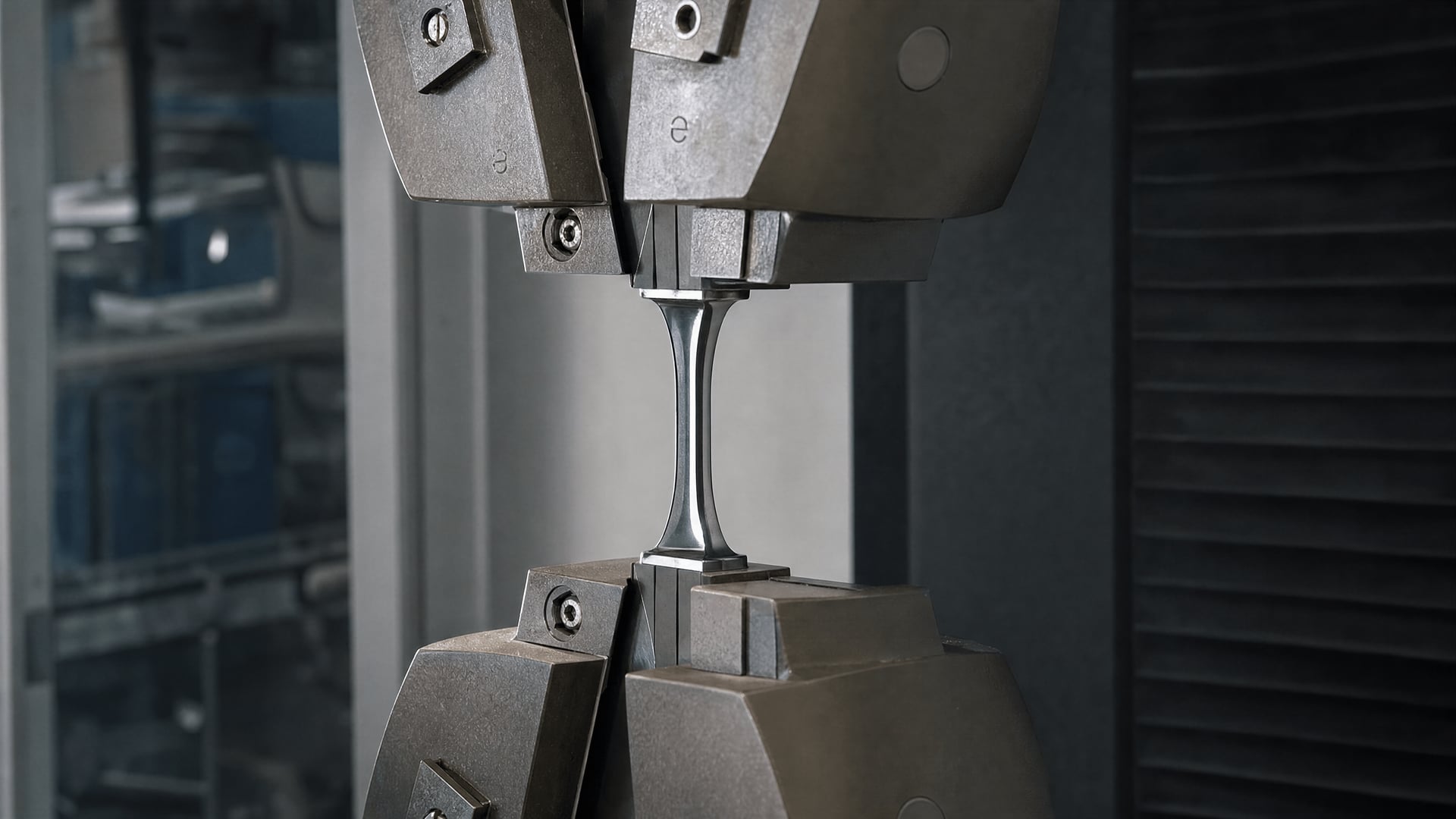 Materials laboratory tensile machine holding a polished maraging-steel specimen