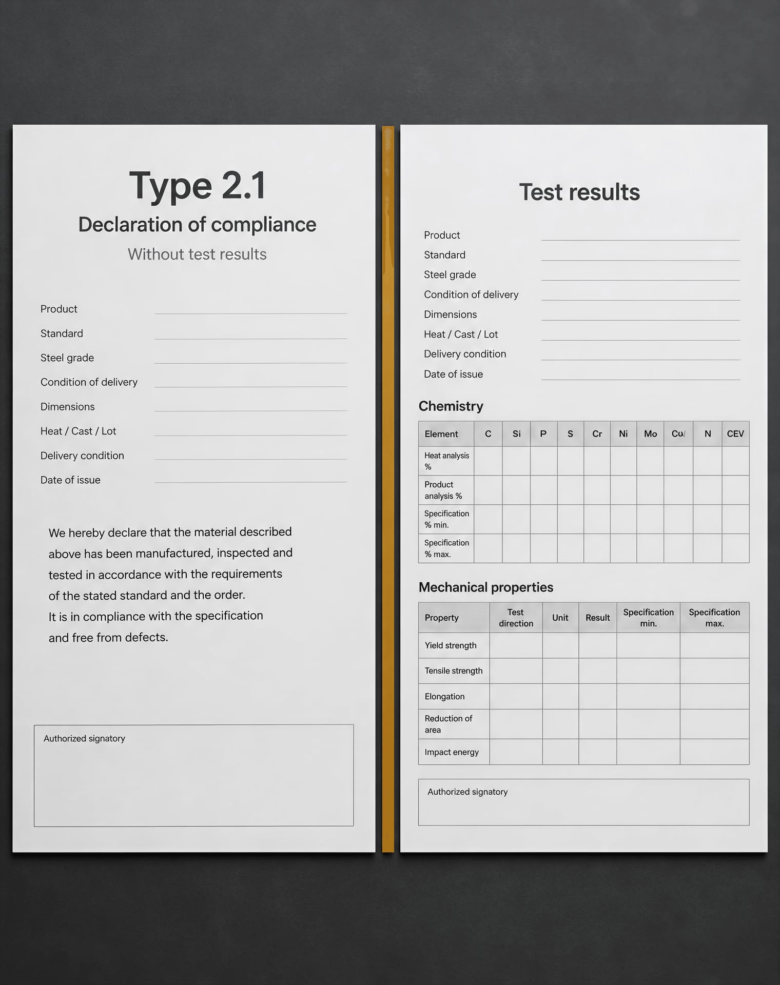 Two inspection documents compare a Type 2.1 declaration with a certificate containing test results