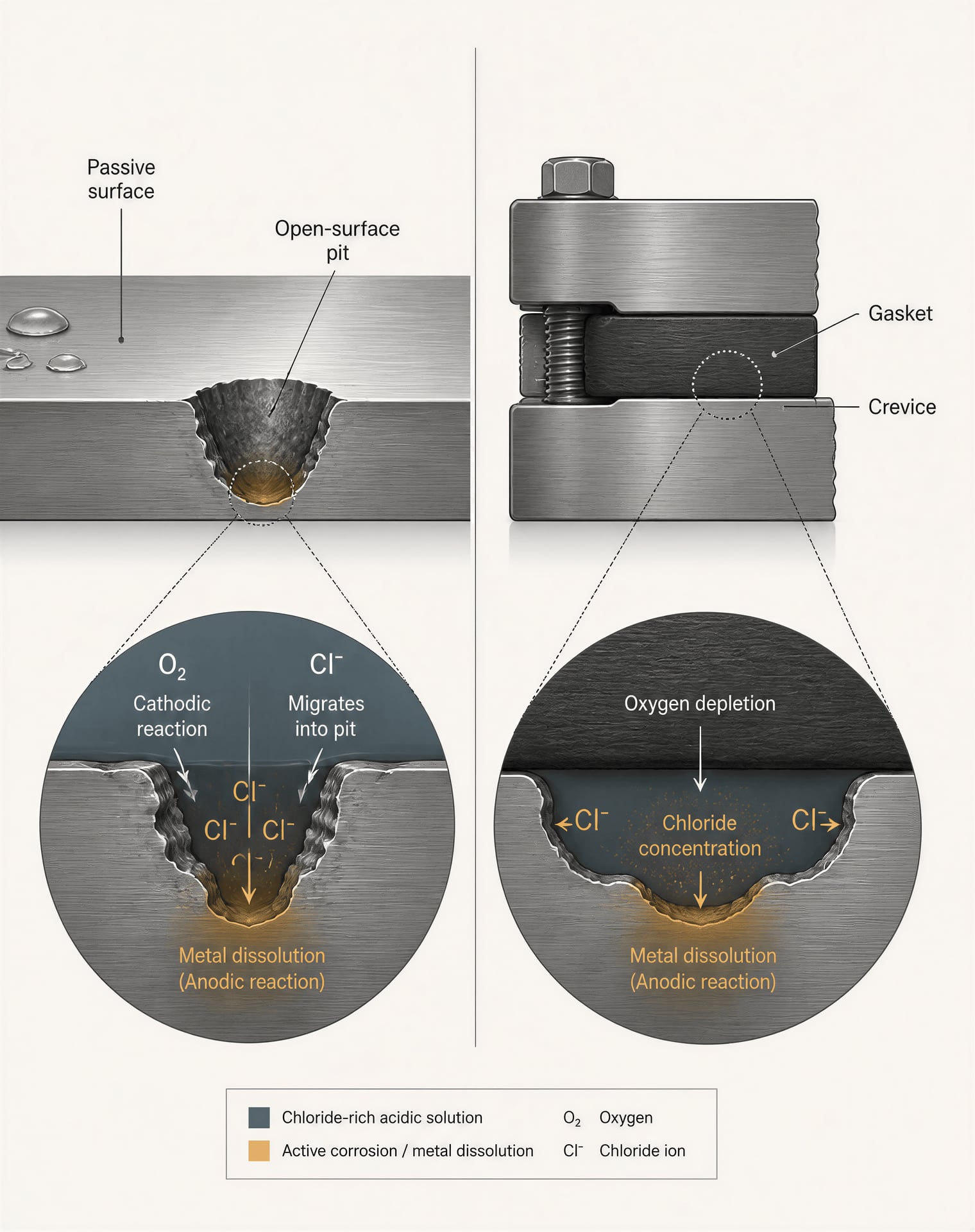 Schematic comparing a surface pit with crevice corrosion beneath a gasket.