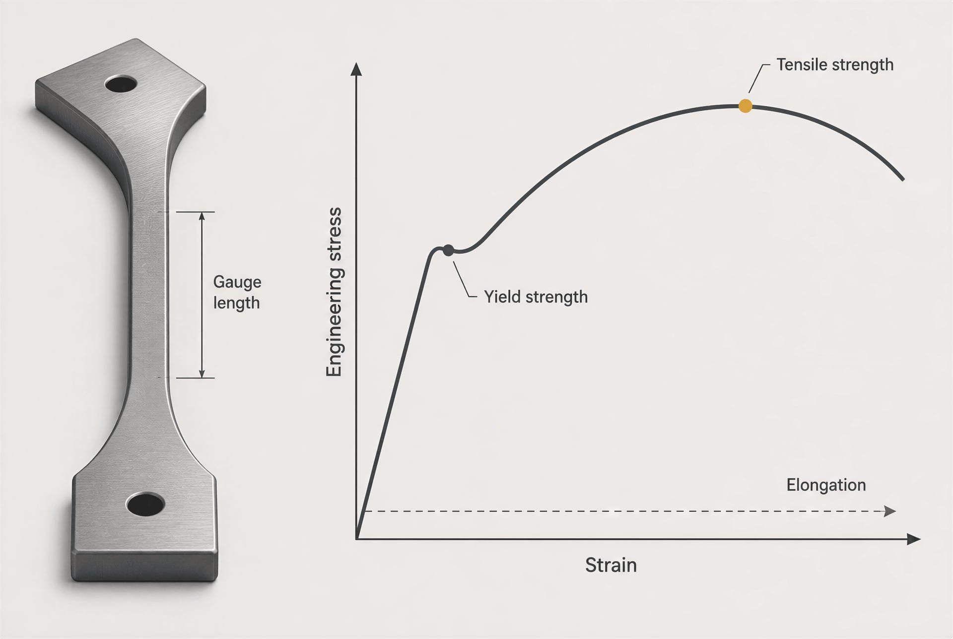 A steel tensile specimen and curve label yield strength, tensile strength, and elongation.