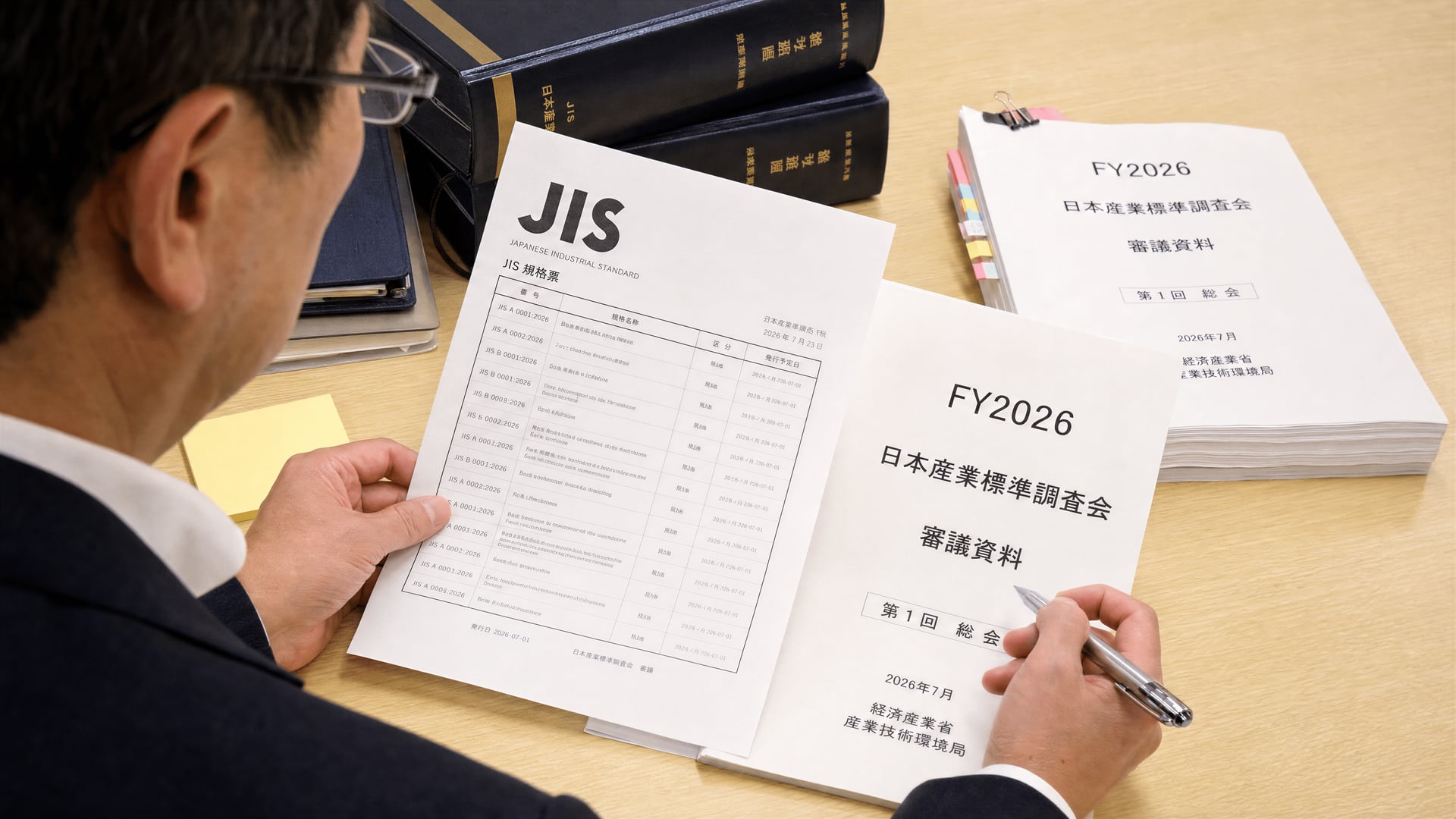 2026 회계연도 위원회 문서 옆에서 JIS 지정번호 문서를 검토하는 표준 엔지니어.