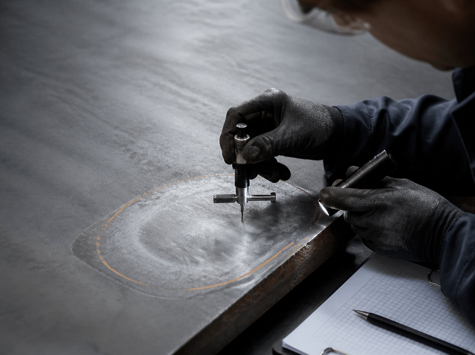 Technician measuring a ground-out steel surface imperfection
