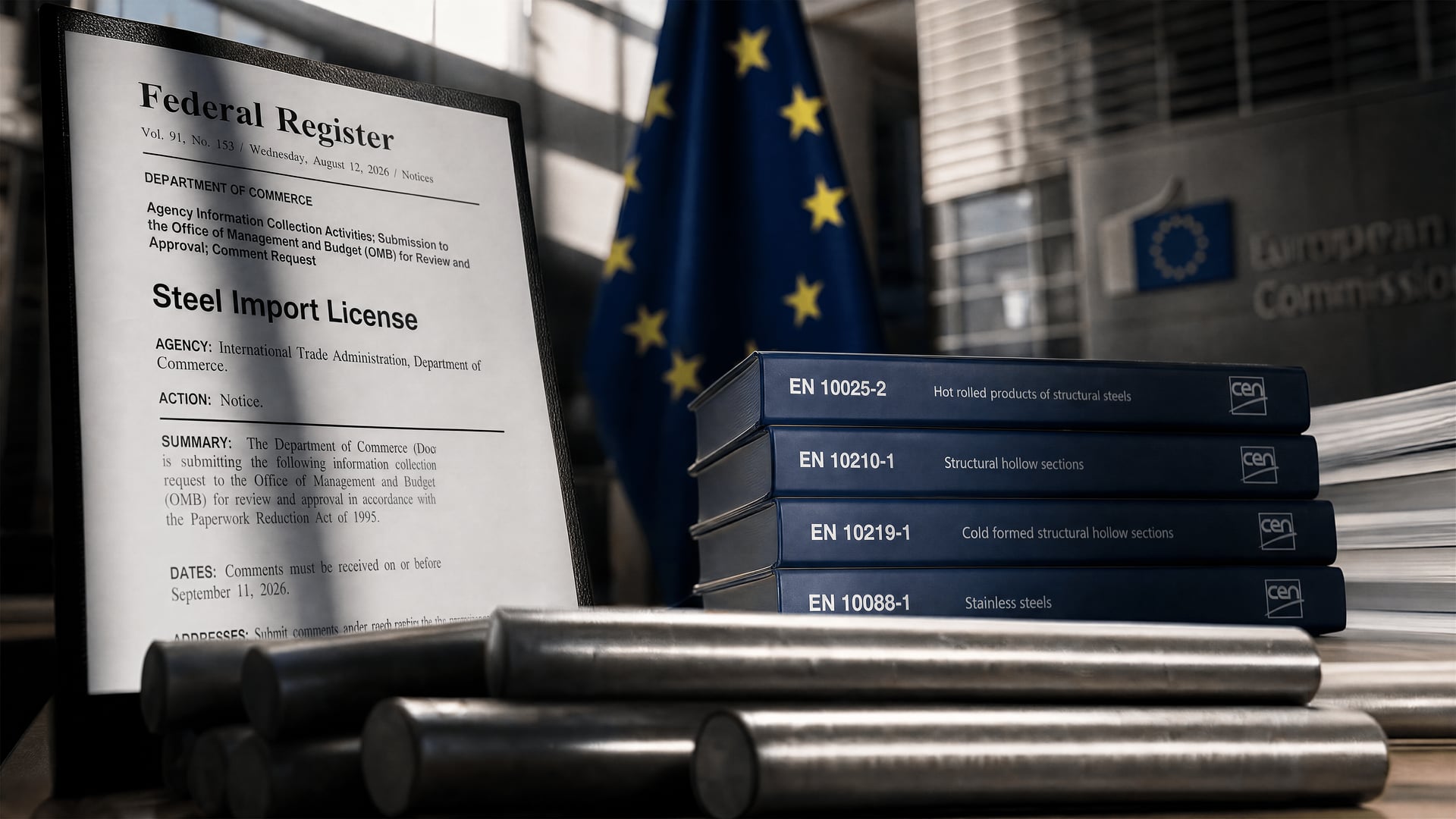 European Union steel compliance desk displaying a US Steel Import License notice beside EN standards documents