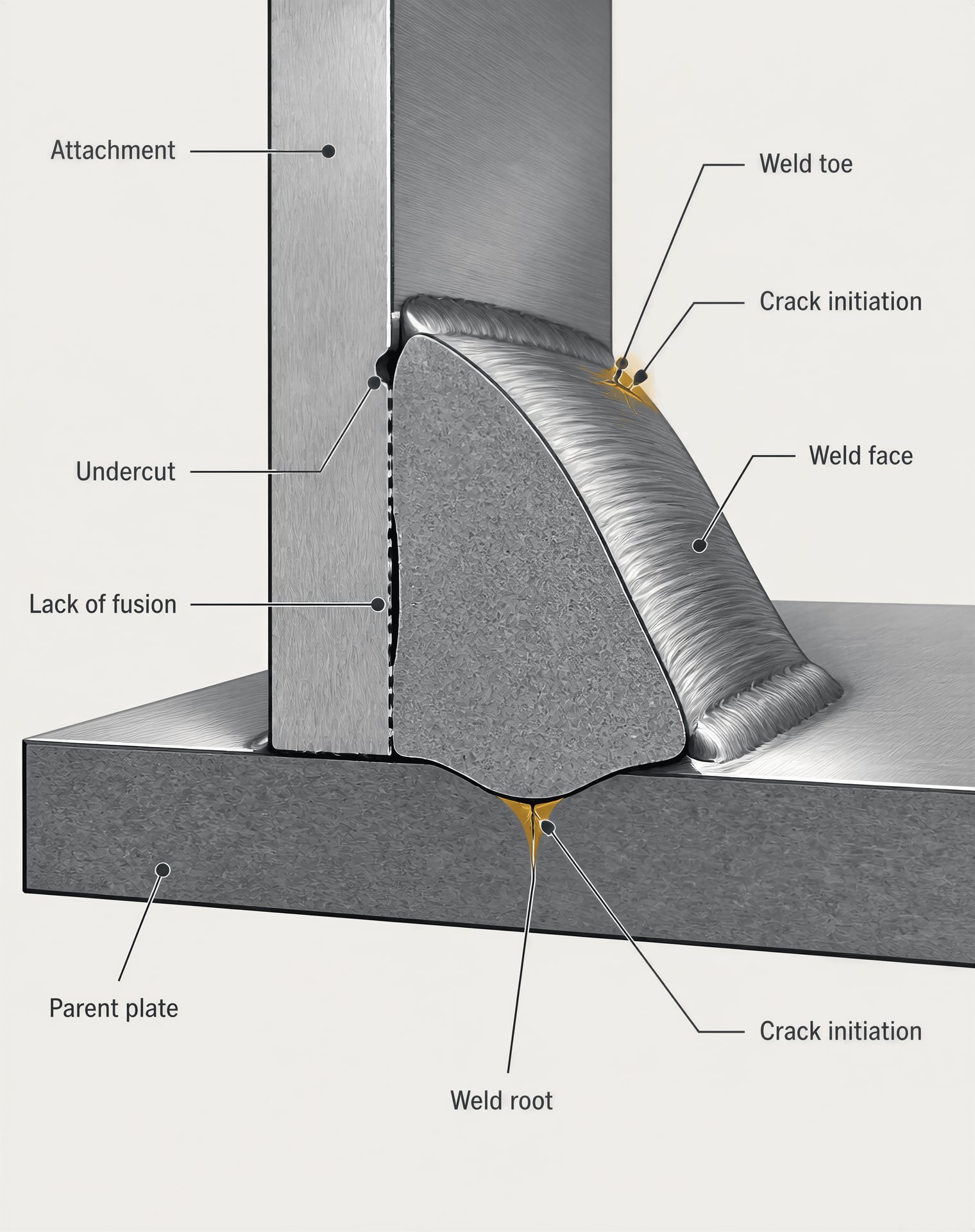 Cross-section of a welded steel joint with fatigue-sensitive toe and root features