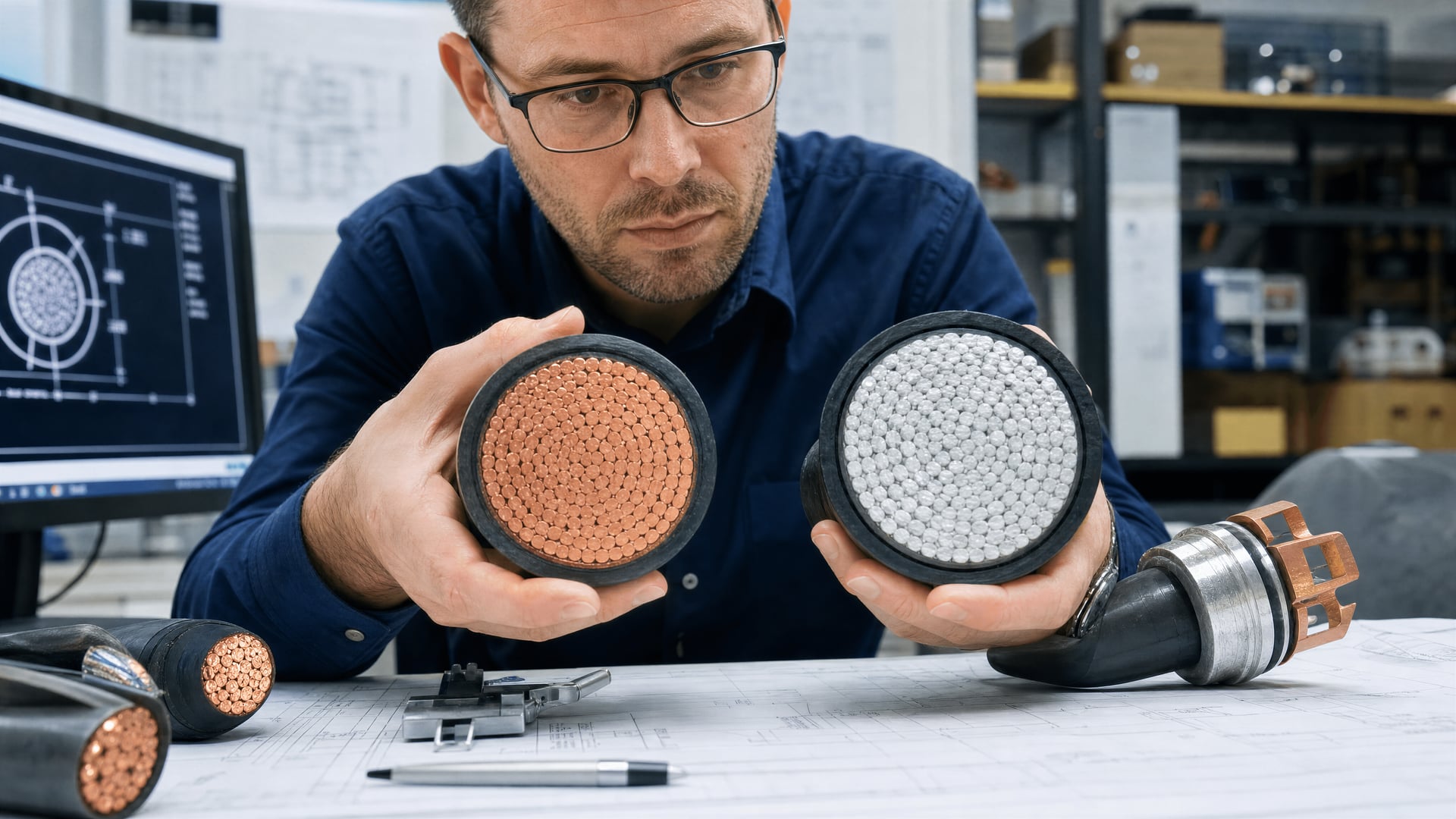 Engineer compares thicker aluminium and copper cable cross-sections on a design bench