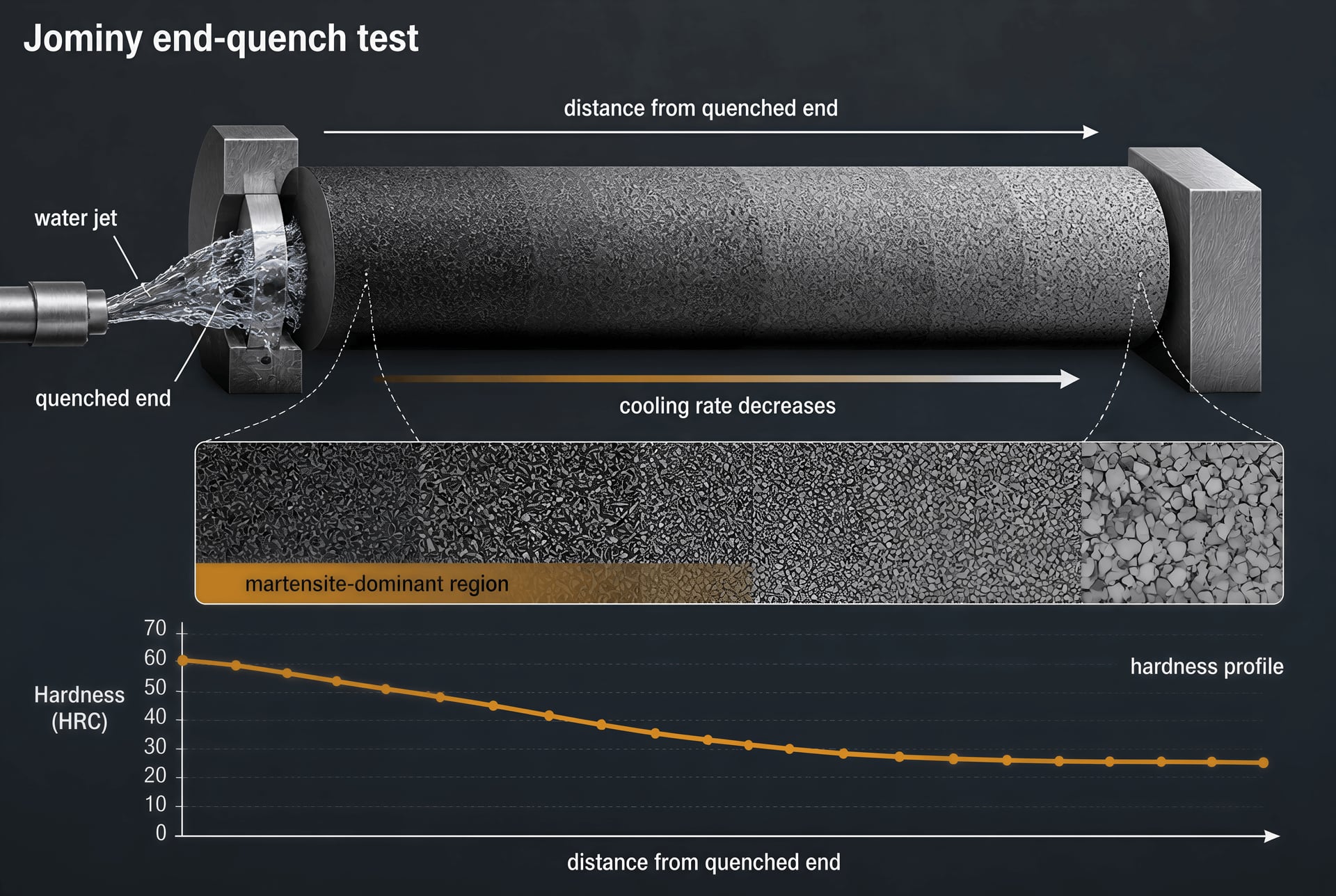 Jominy end-quench diagram showing cooling rate, martensite depth, and hardness along a steel specimen
