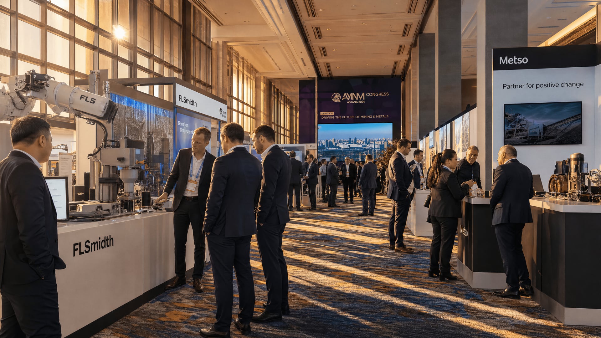 Delegates examining mining and metallurgy technology displays at the Hilton Astana exhibition