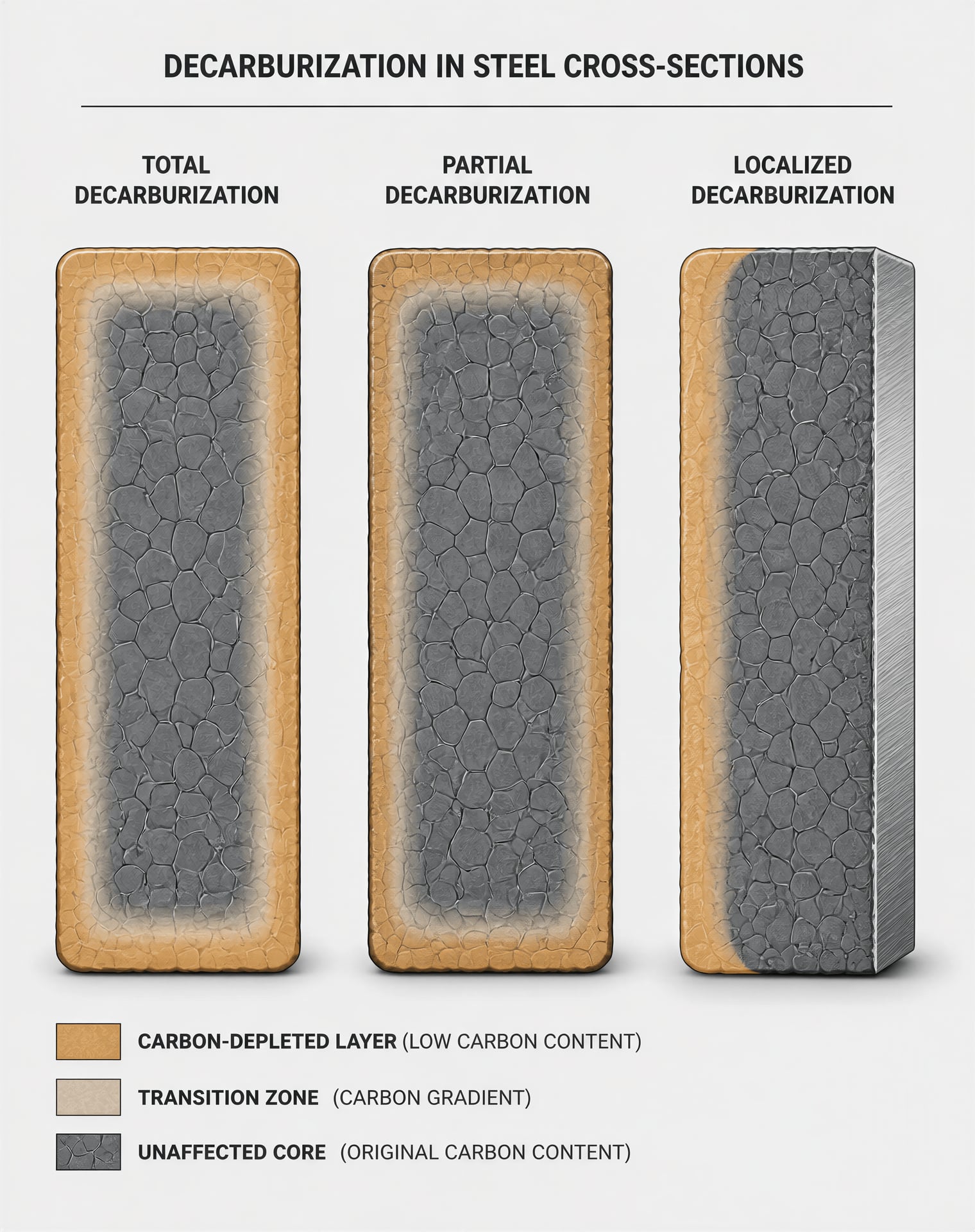 Diagram comparing total, partial, and localized decarburization in steel.