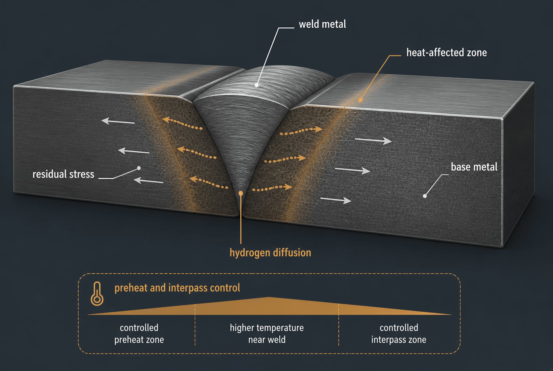 Schematic of a welded steel joint with its heat-affected zone and hydrogen-cracking controls