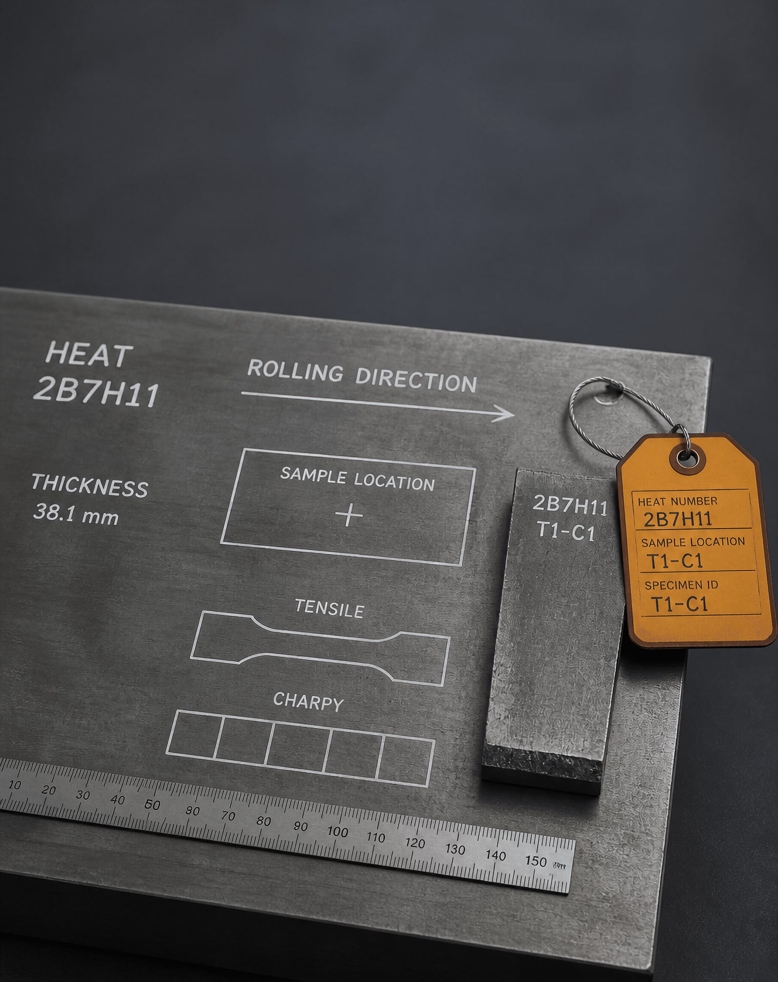 Marked steel plate showing heat identification, rolling direction, and test-piece locations